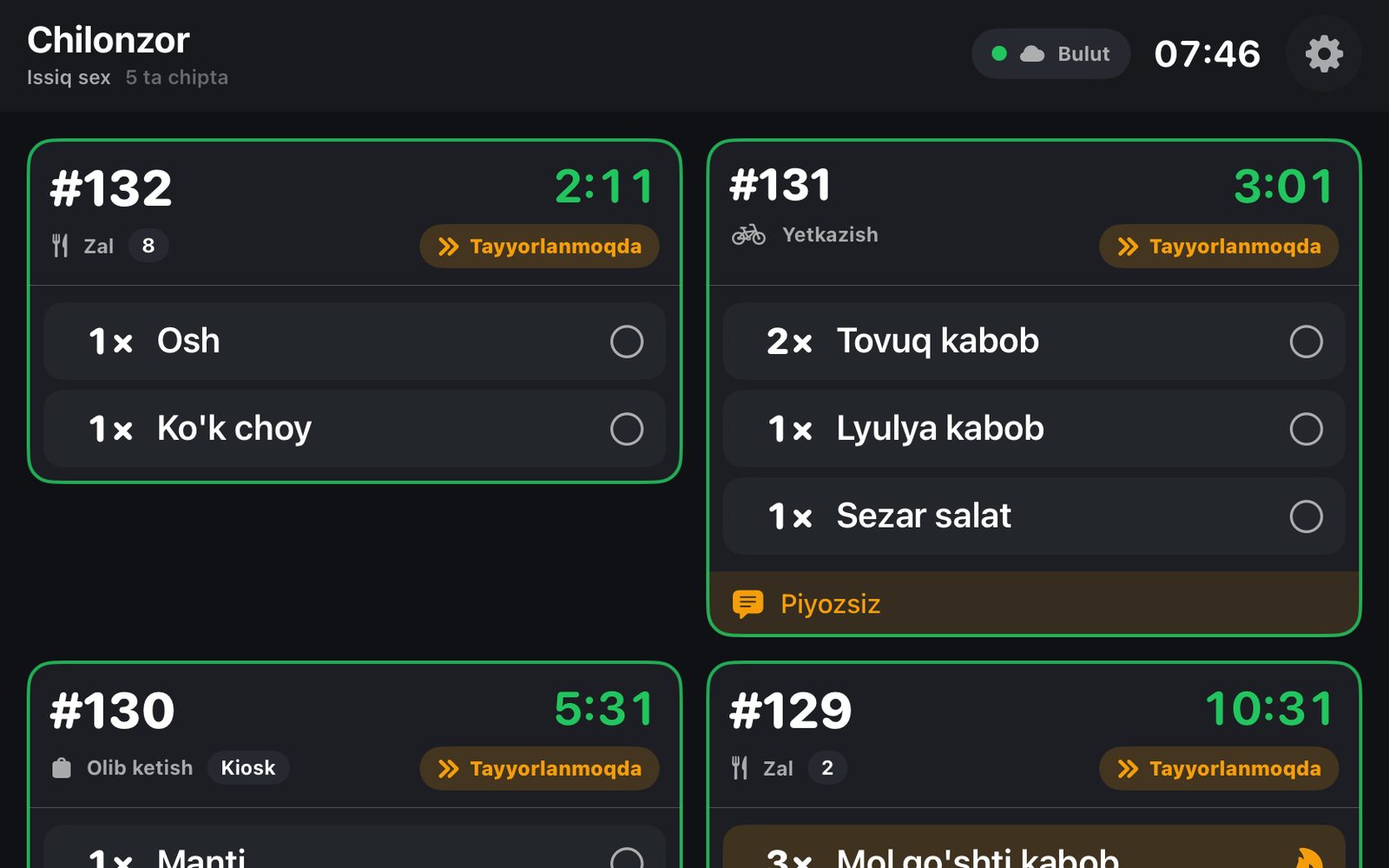 laCook doskasi: buyurtma chiptalari raqami, turi (zal, yetkazish, olib ketish), taymer, taomlar va izohlar
